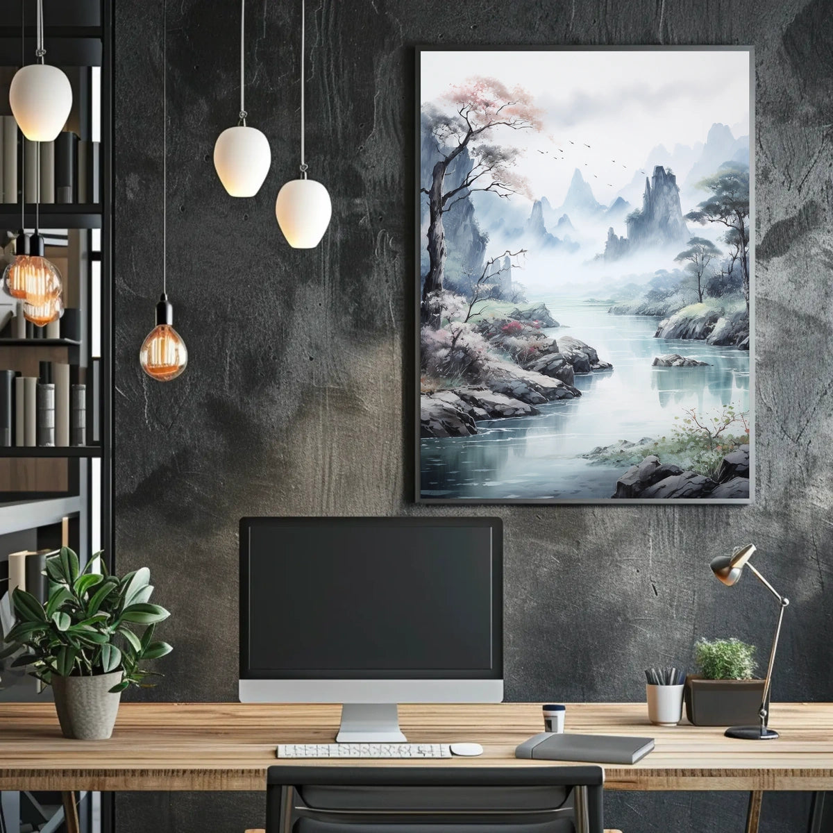 Tranquil River Valley East Asian Landscape Artistic Poster