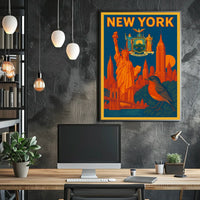 New York Poster Vintage Statue Skyline Bridge Wall Art