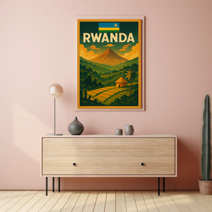 Rwanda Flag and Fields Sunset Travel Poster