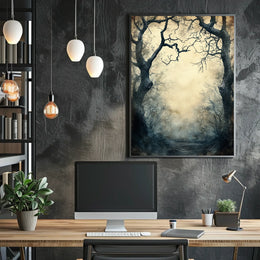 Enchanted Gnarled Trees in Misty Forest - Artistic Poster