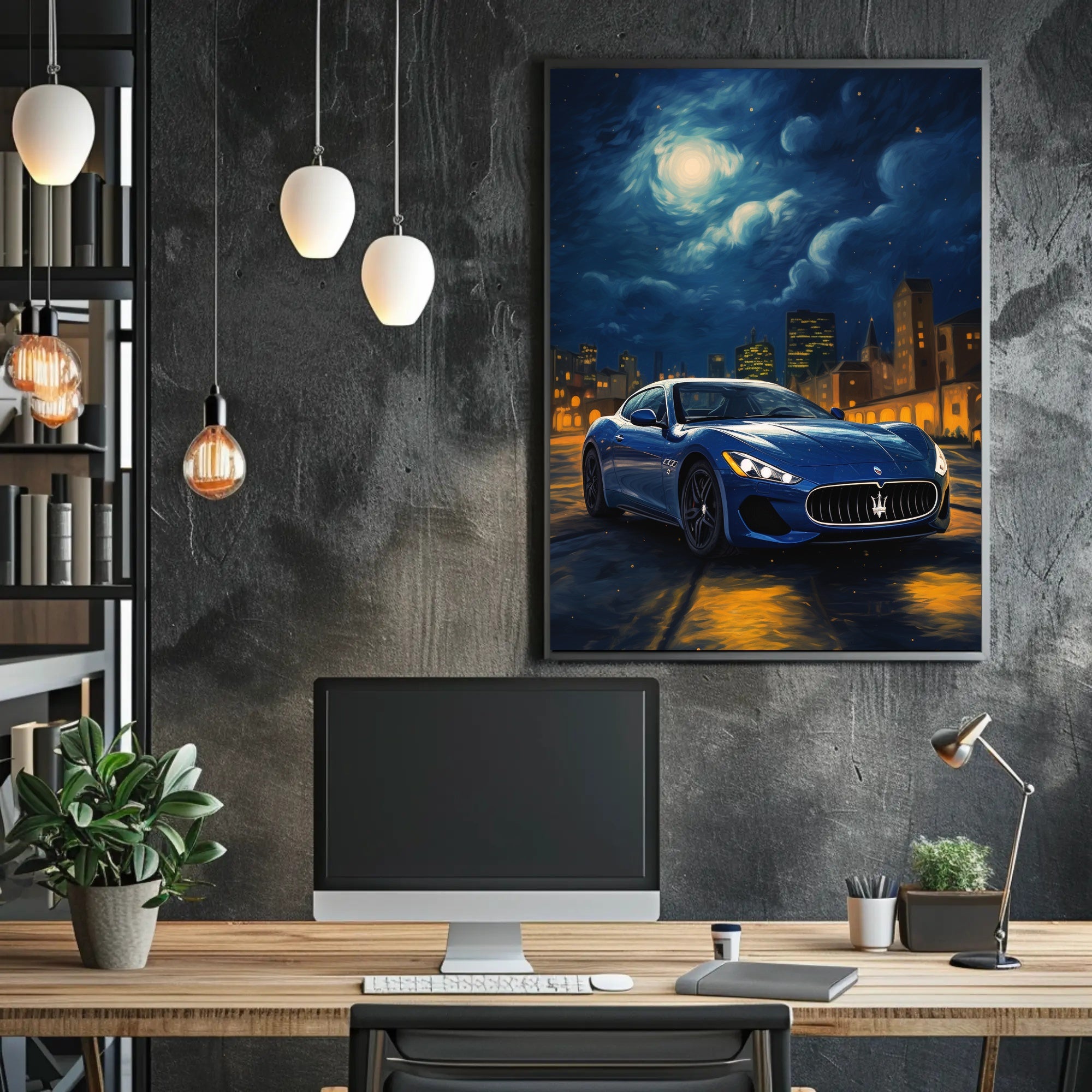 Maserati Blue Sports Car at Night Artistic Poster