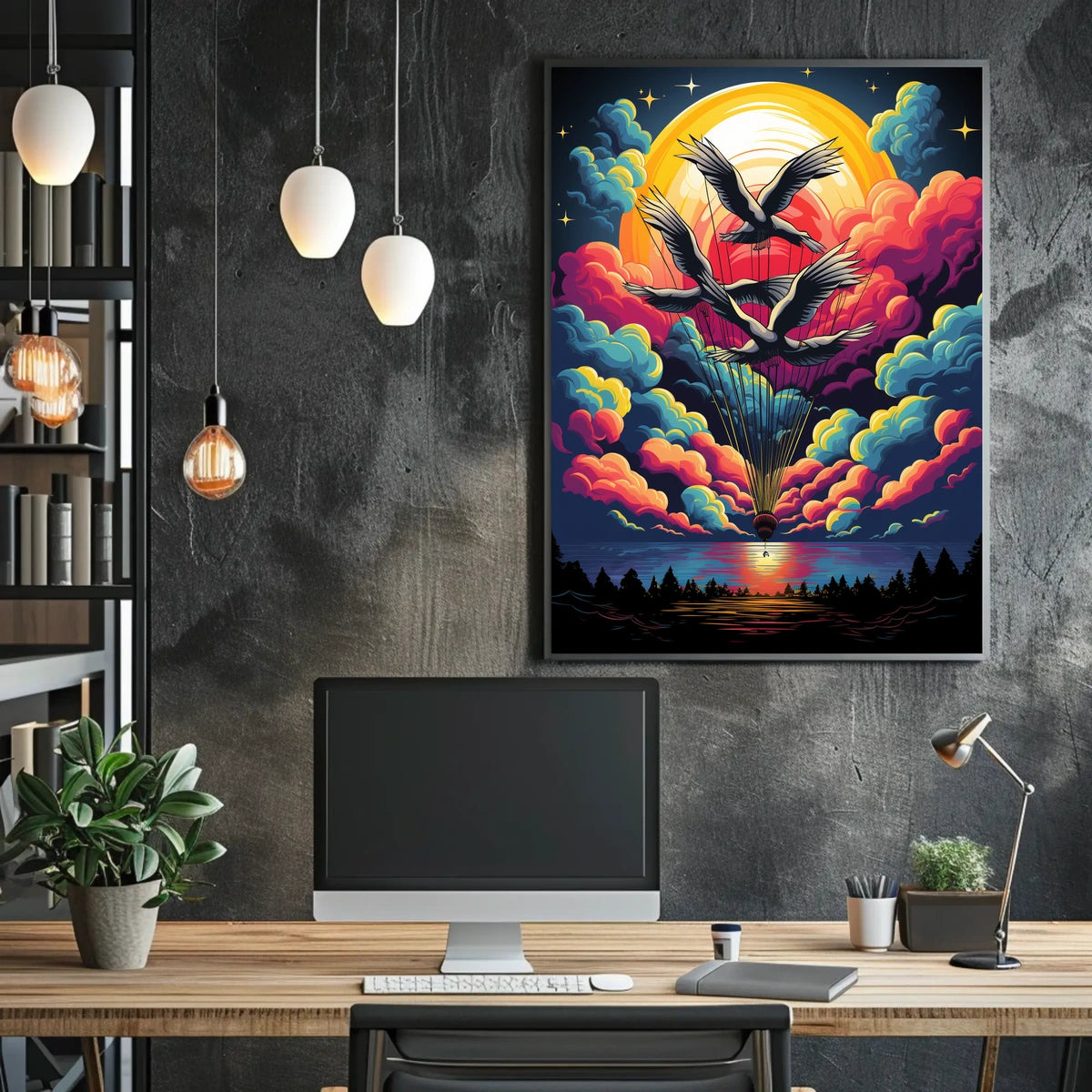 Surreal Birds and Balloon Adventure Art Poster