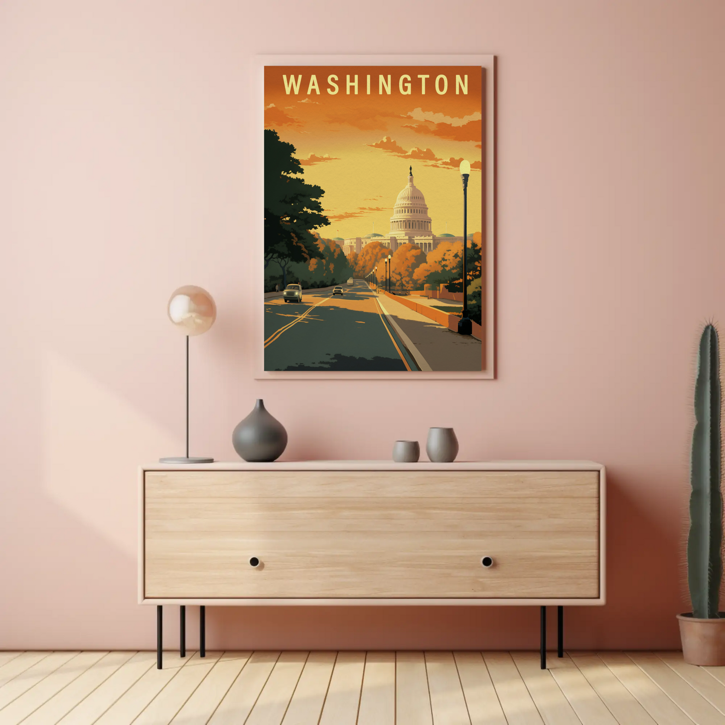 Washington USA Capitol Building Autumn Street Travel Poster