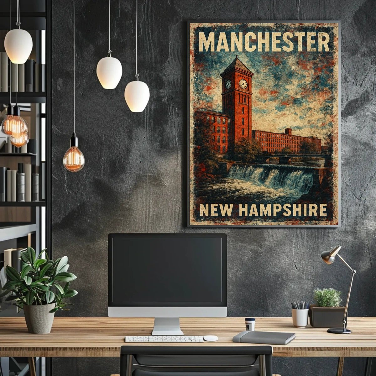 Manchester NH Scenic Vintage Travel Map Poster