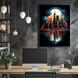 Futuristic Cityscape Moonlit Skyline Art Poster