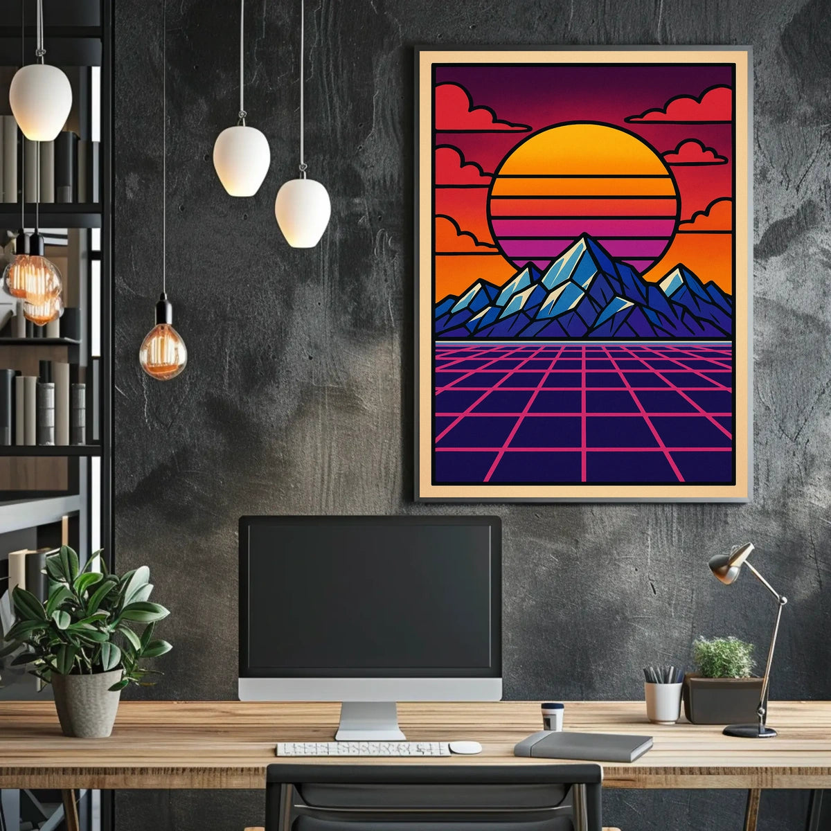 Vibrant Retro-Inspired Mountainscape Poster with Futuristic Sci-Fi Elements