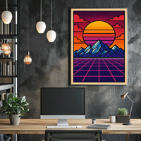 Vibrant Retro-Inspired Mountainscape Poster with Futuristic Sci-Fi Elements