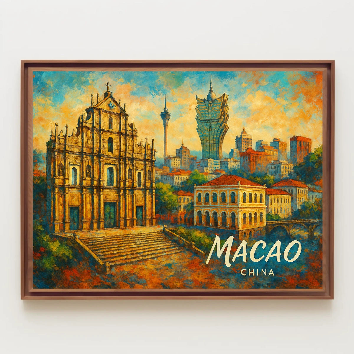 Macao Cityscape Vibrant Night View Digital Painting Poster