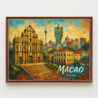 Macao Cityscape Vibrant Night View Digital Painting Poster
