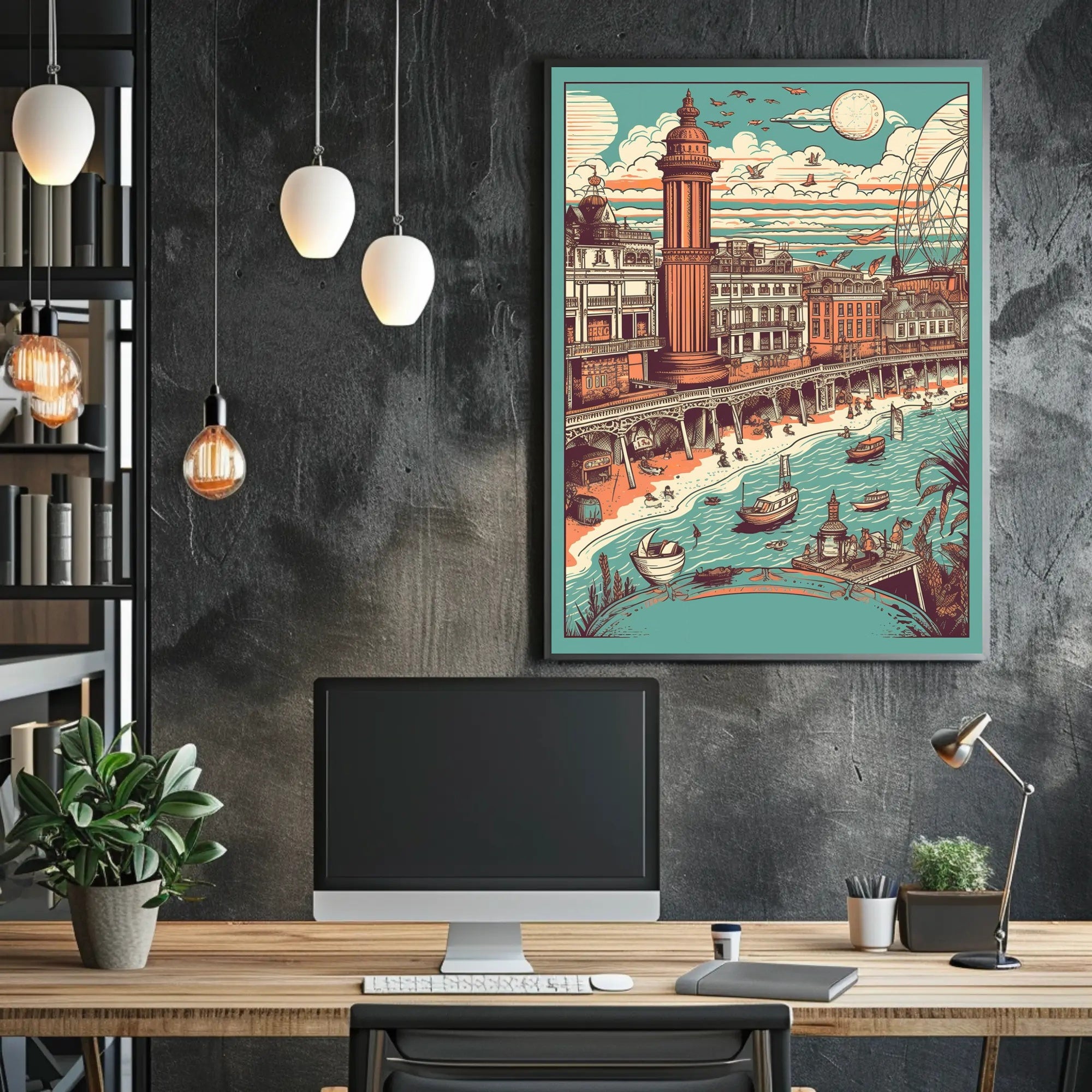 Vintage Coastal Town Illustration Poster