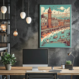 Vintage Coastal Town Illustration Poster