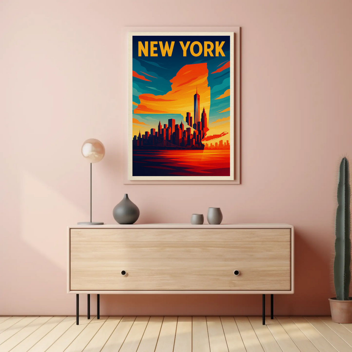 New York State Outline Skyline Sunset Silhouette Travel Poster