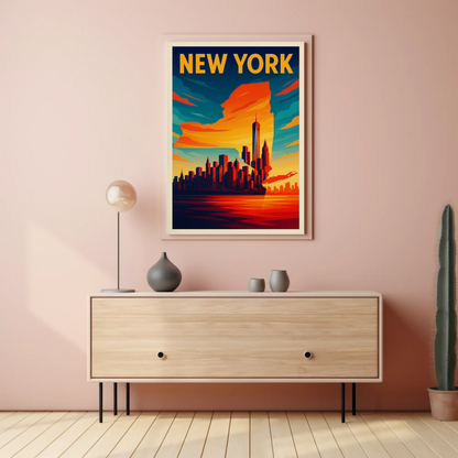 New York State Outline Skyline Sunset Silhouette Travel Poster