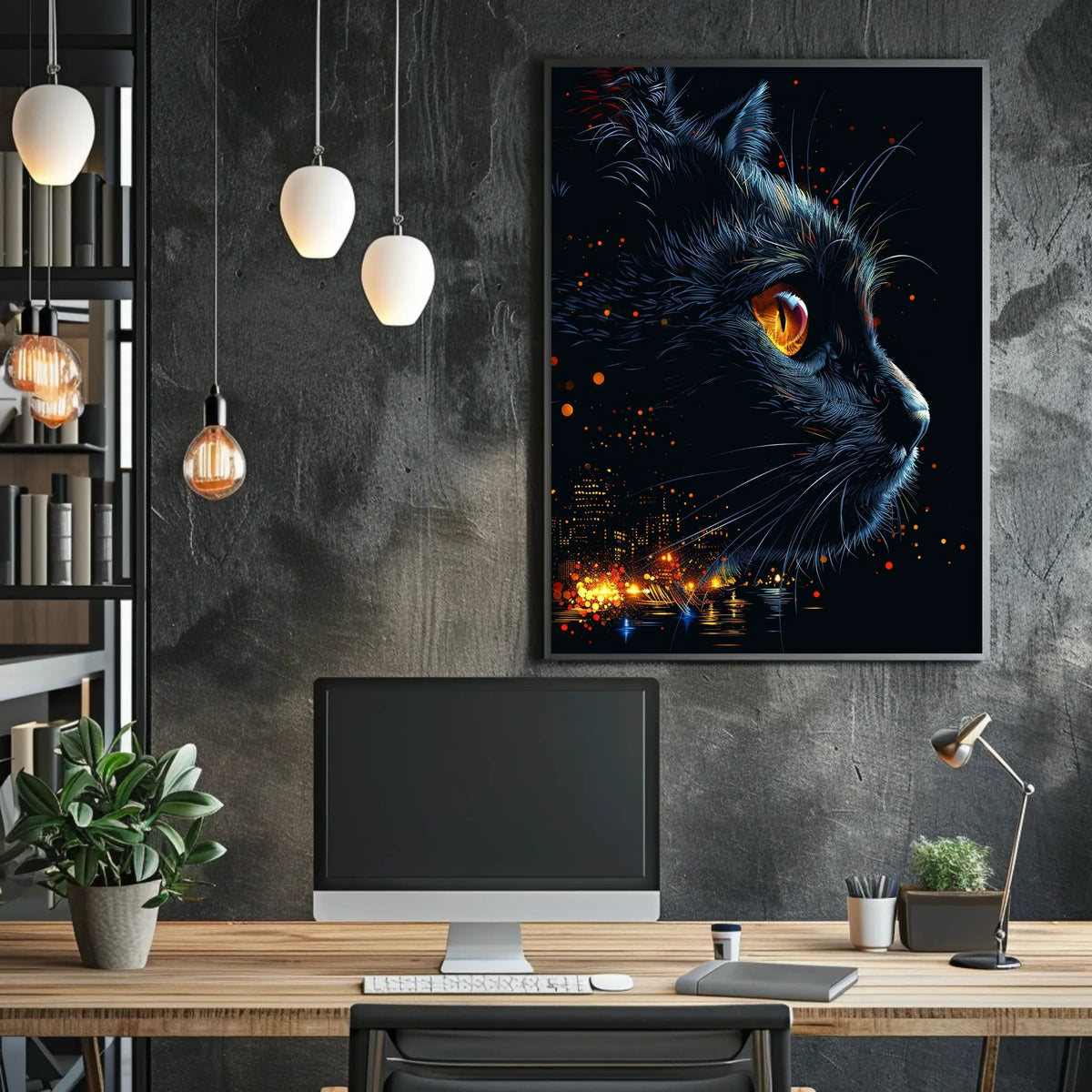 Mystical Cat with Urban Skyline Art Poster