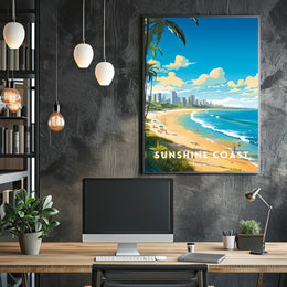 Sunshine Coast Vibrant Beach Scene Travel Poster