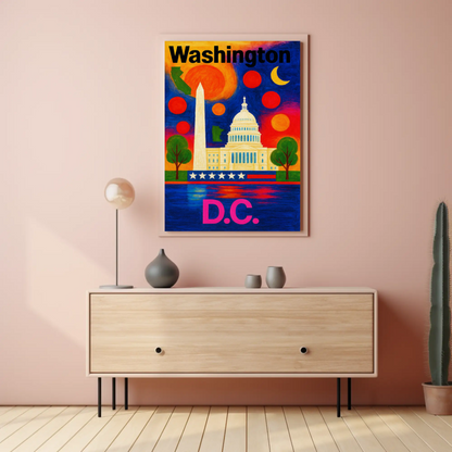 Washington DC Capitol Monument Colorful Night Travel Poster