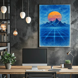 Retro-Futuristic Synthwave Sunset Artistic Poster