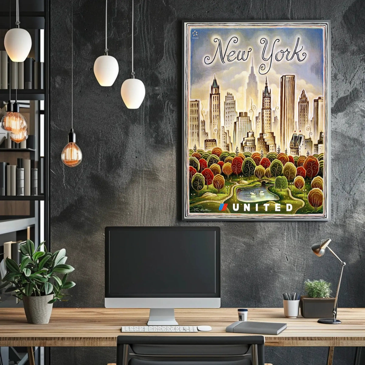 New York City Whimsical Skyline Poster Vintage Wall Decor