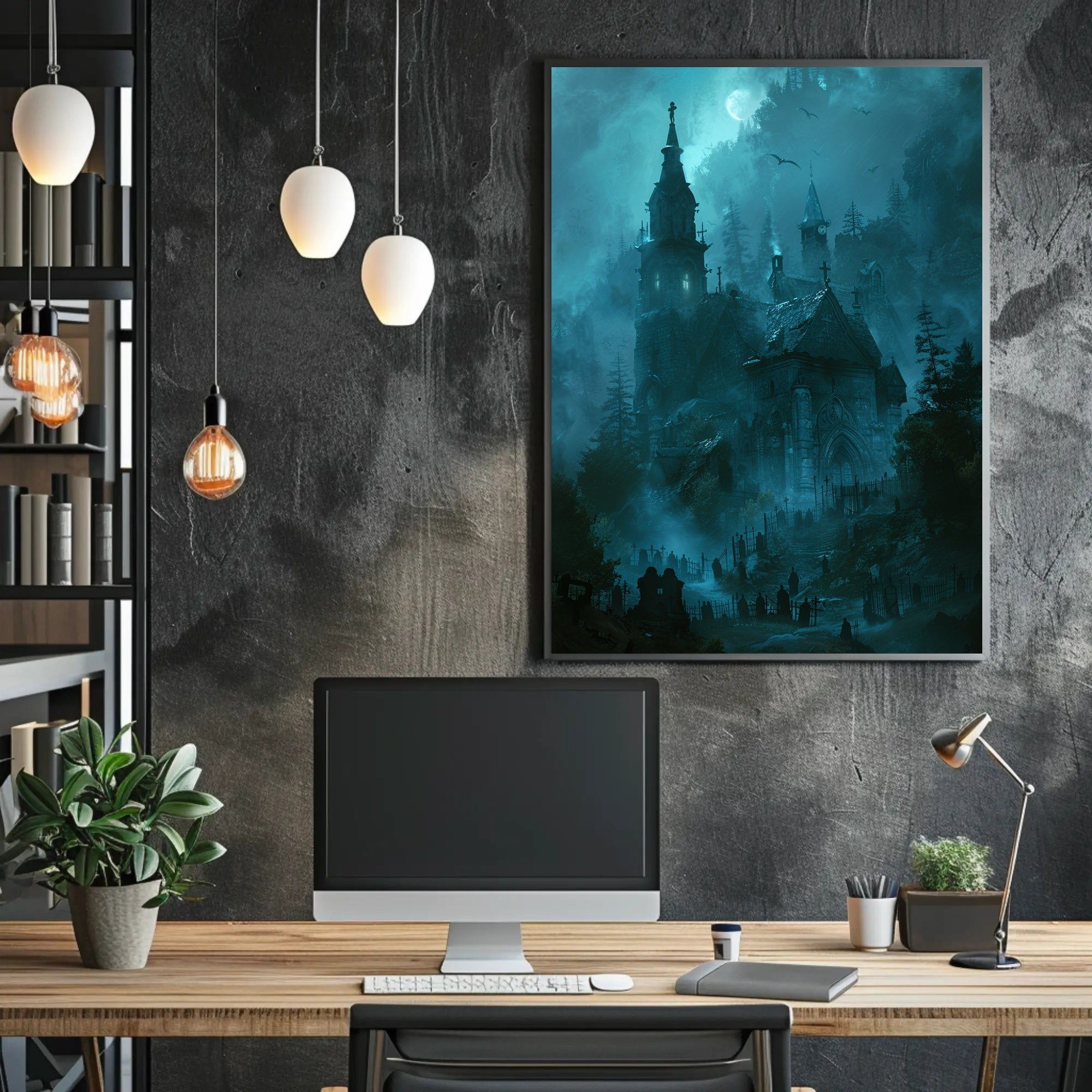 Gothic Church and Graveyard Eerie Landscape Poster PosterGoat