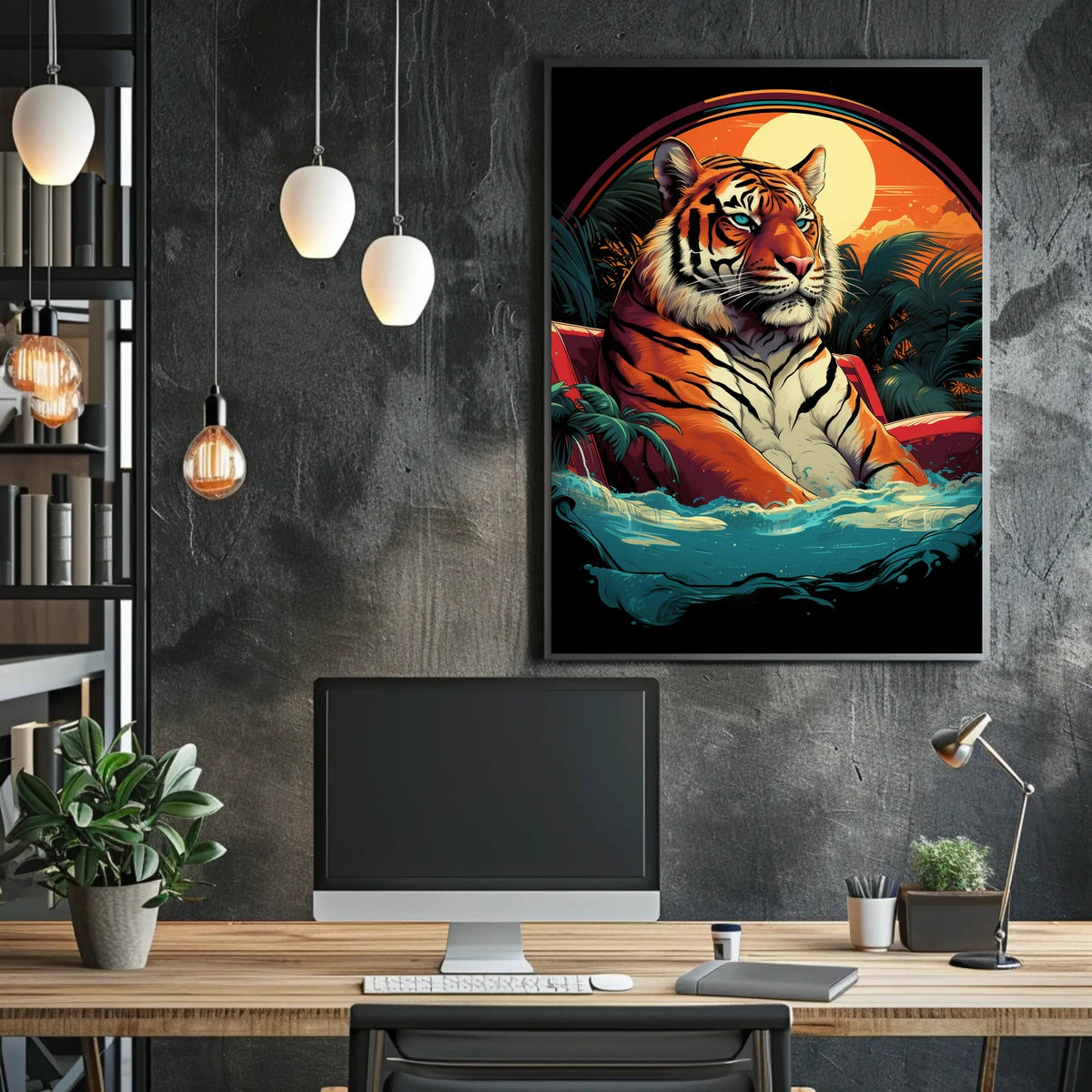 Tiger Majestically Lounging Amid Vivid Tropical Plants Animal Poster