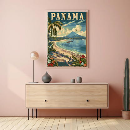 Panama Beach Volcano Sailboats Paradise Travel Poster