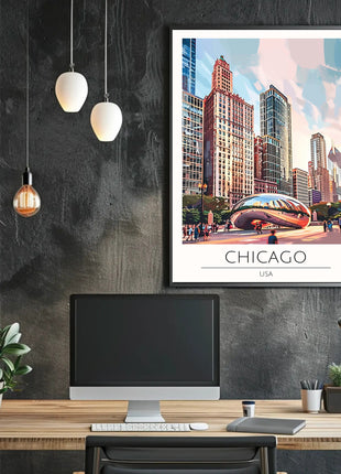 Chicago Skyline Travel Poster with Cloud Gate Landmark