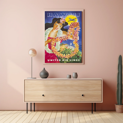 Hawaii United Airlines Lei Woman Beach Travel Poster
