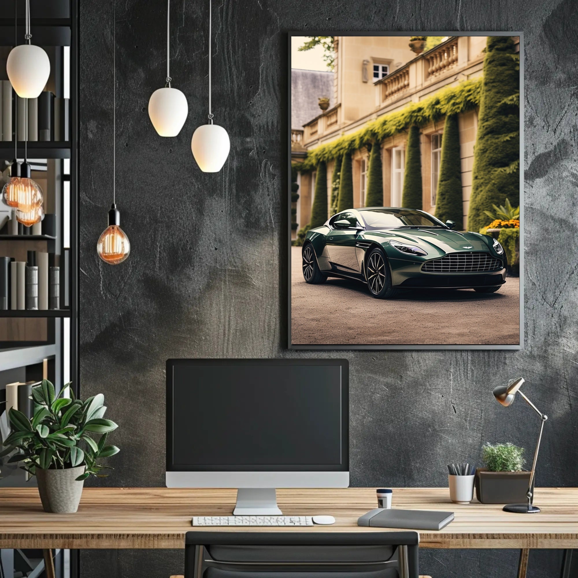 Luxury Green Sports Car at Elegant Mansion Poster