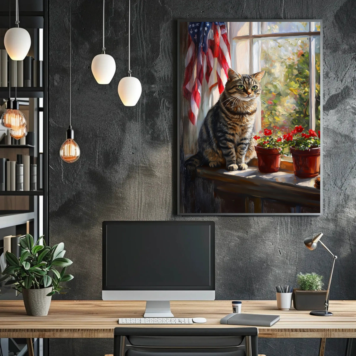 tabby cat sitting in a windowsill Poster