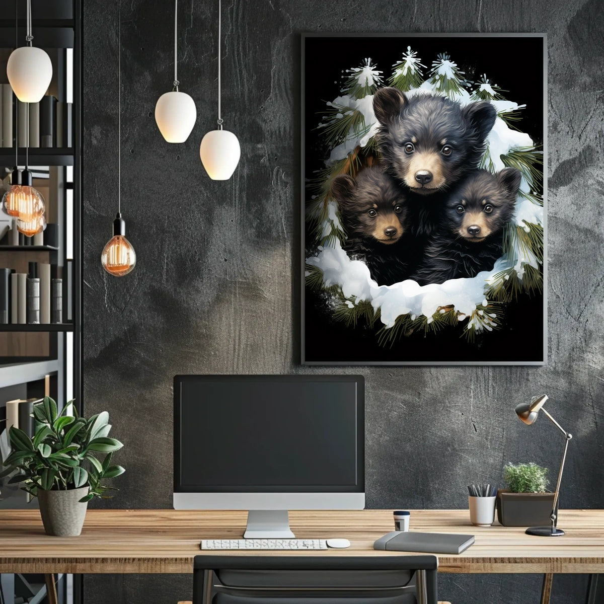 Winter Forest Bear Cubs Photorealistic Art Poster