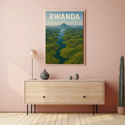 Rwanda Volcano Valley River Aerial Travel Poster