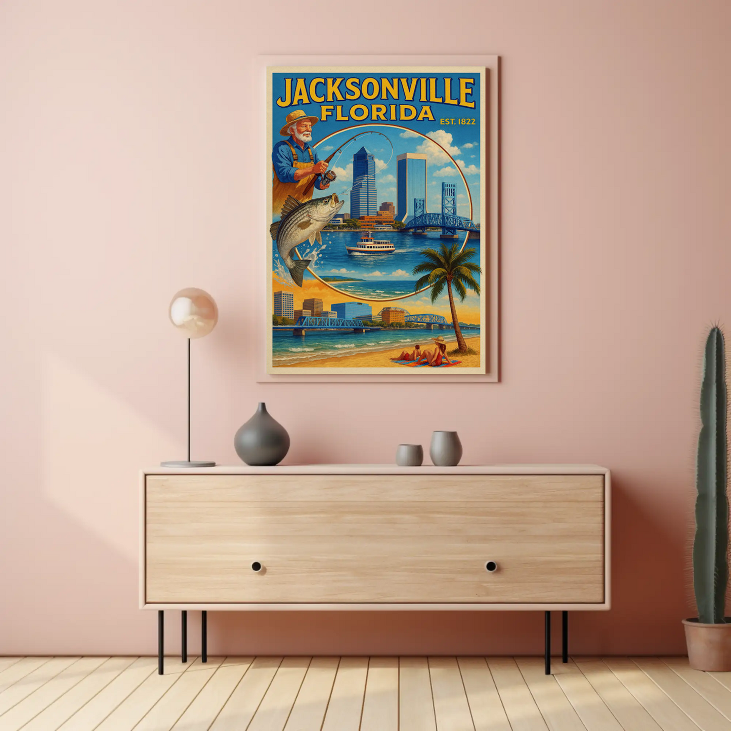 Jacksonville Florida Fishing Bridge Skyline Travel Poster