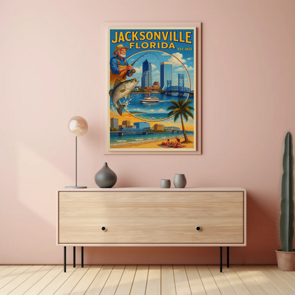 Jacksonville Florida Fishing Bridge Skyline Travel Poster