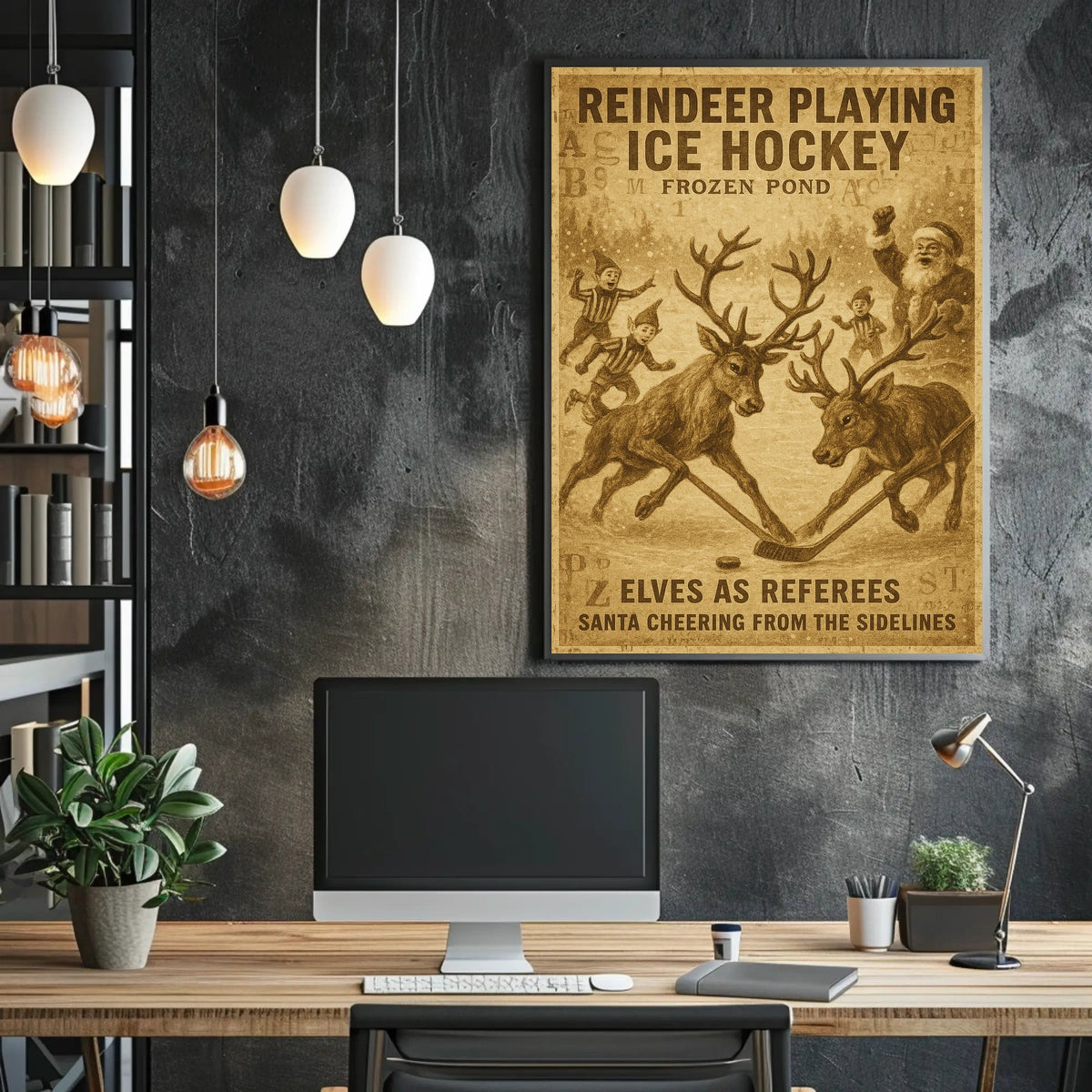 Whimsical Christmas Reindeer Ice Hockey Vintage Sports Poster
