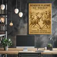 Whimsical Christmas Reindeer Ice Hockey Vintage Sports Poster