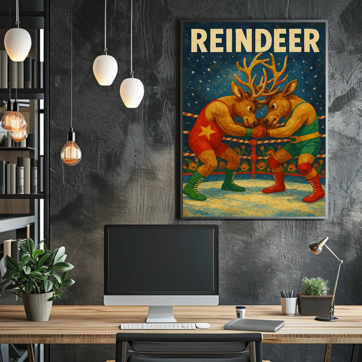 Whimsical Reindeer Wrestling Holiday Poster Art Print
