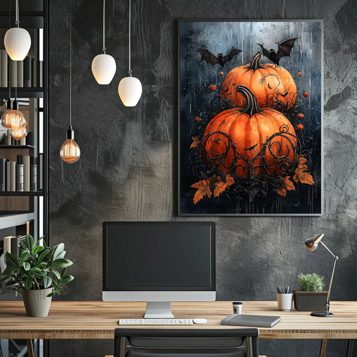 Halloween Pumpkin and Bat Spooky Scene Artistic Poster
