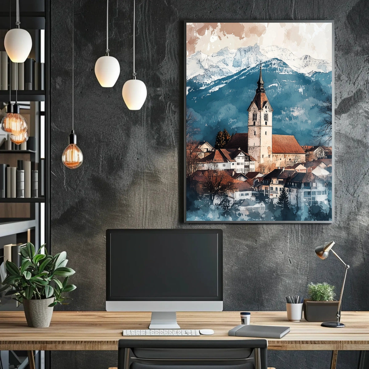 Liechtenstein Balzers Church and Mountains View Poster