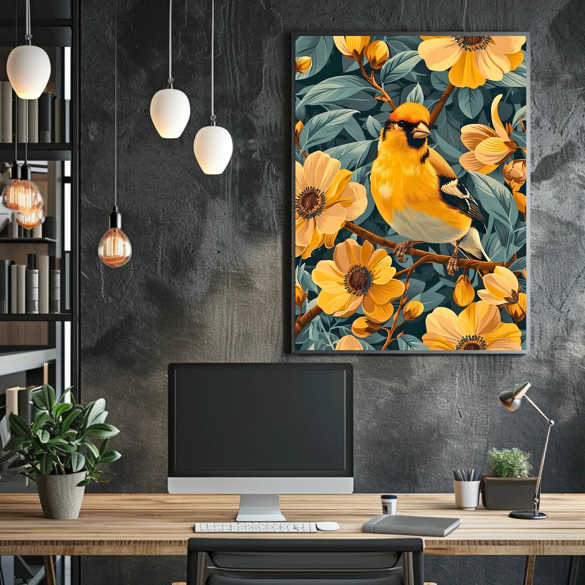 Golden Bird and Blossoms Wall Art Print