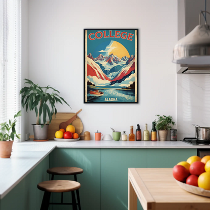 College Alaska Glacier Boat Mountains Sunset Vintage Travel Poster