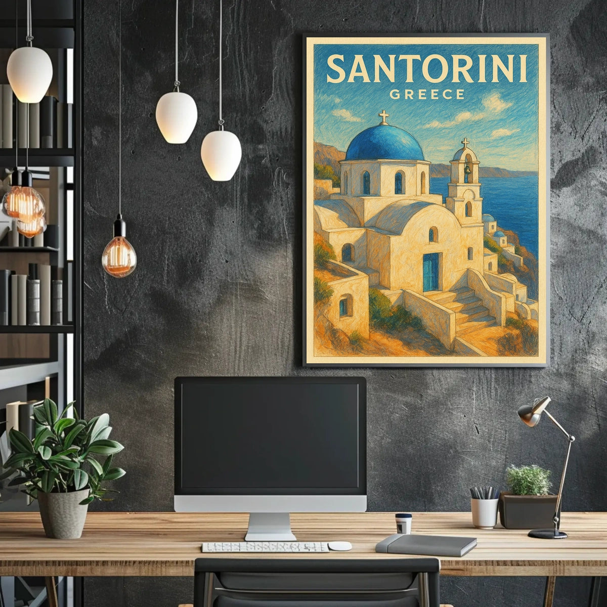 Santorini Greece Vintage Travel Lovers Poster
