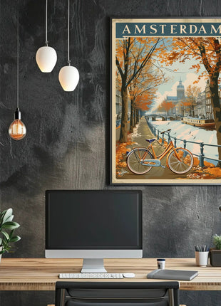 Amsterdam Autumn Canal Vintage Travel Art Poster