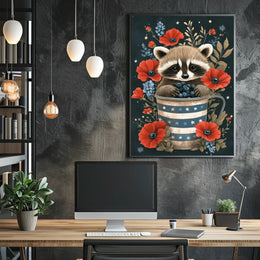 raccoon sitting inside a metal watering can Poster