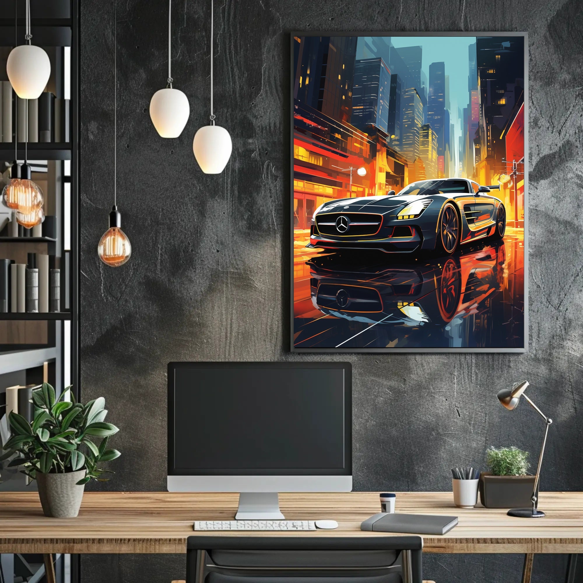 Futuristic Sports Car in Vibrant Cityscape - Futuristic Sci-Fi Poster