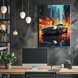 Futuristic Sports Car in Vibrant Cityscape - Futuristic Sci-Fi Poster