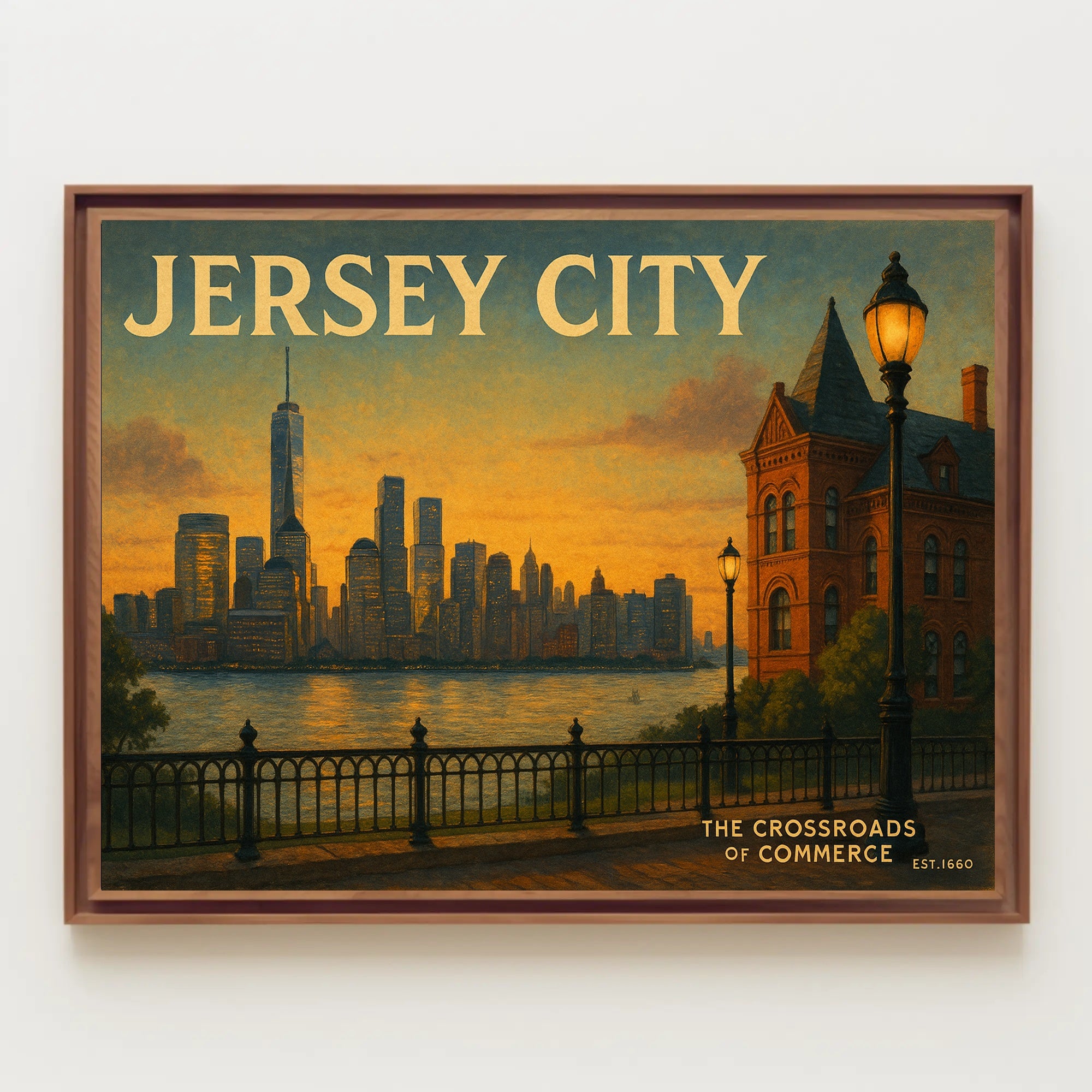 Jersey City Skyline Sunset Travel Poster