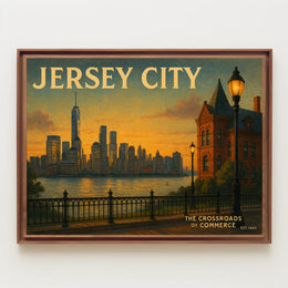 Jersey City Skyline Sunset Travel Poster