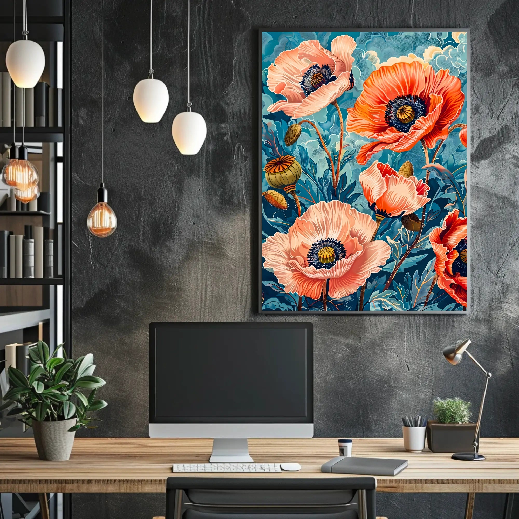 Vibrant Poppy Botanical Art with Vintage Flair Poster