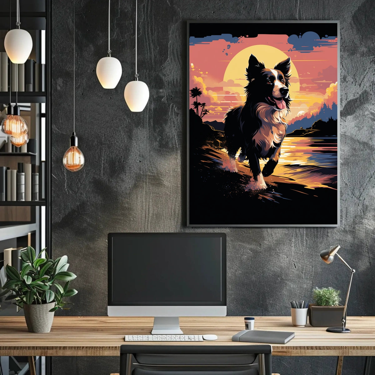 Running Dog at Sunset Shoreline Animal Poster