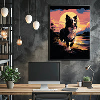 Running Dog at Sunset Shoreline Animal Poster